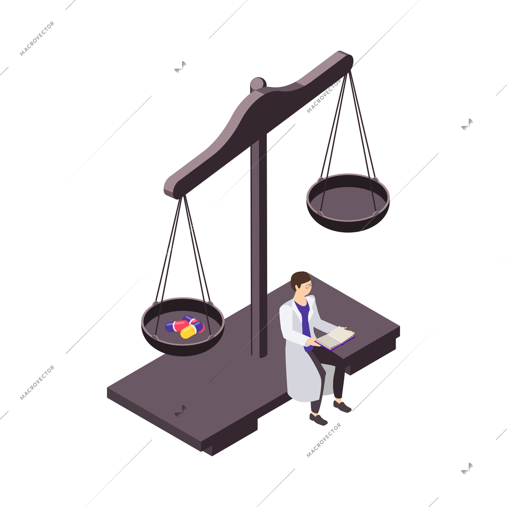 Isometric science icon with tiny scientist and capsules on scales 3d vector illustration