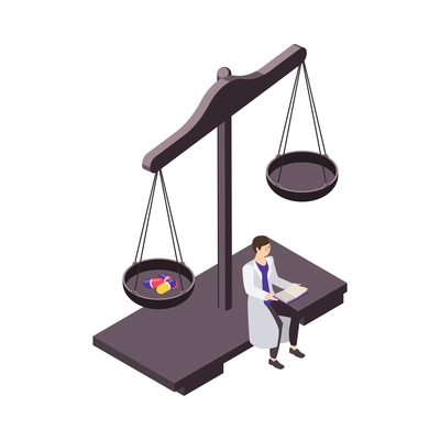 Isometric science icon with tiny scientist and capsules on scales 3d vector illustration