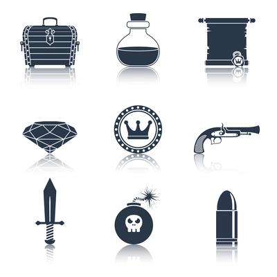 Game resources play elements black icons set of gem gun bullet isolated vector illustration