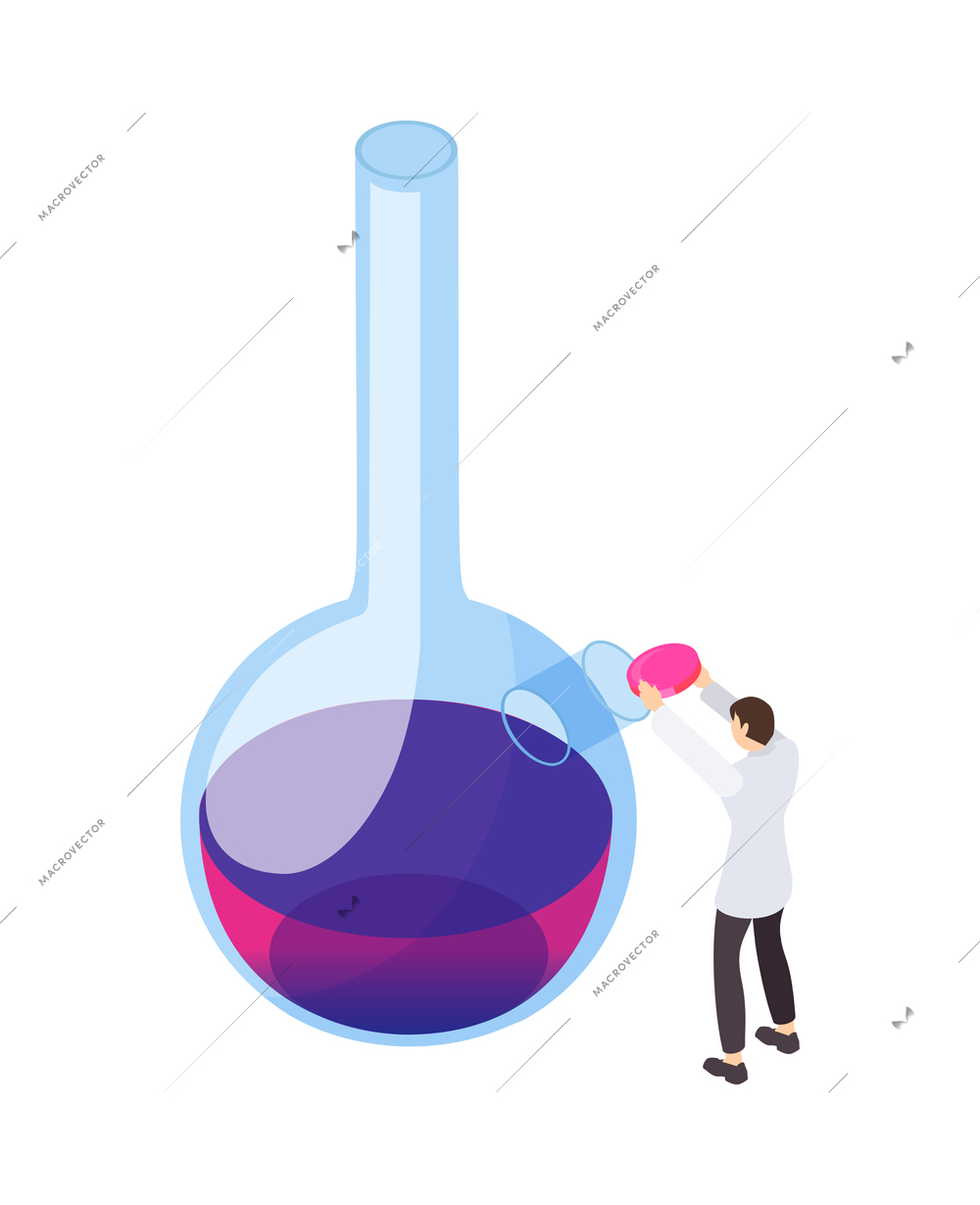 Science isometric icon with scientist putting pill into glass flask with liquid 3d vector illustration