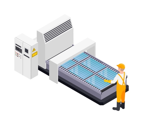 Glass production machinery isometric icon with sheets on conveyor line and worker in uniform 3d vector illustration