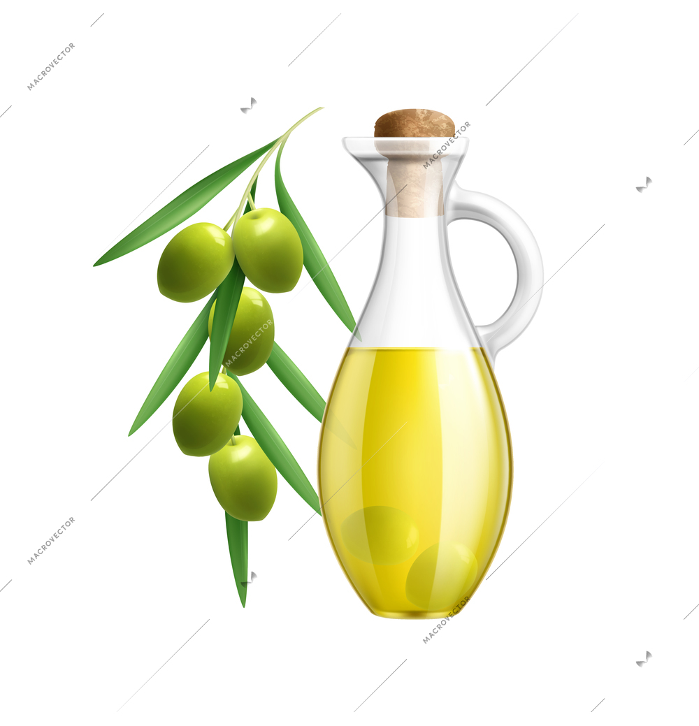 Realistic glass jar of olive oil and branch vector illustration