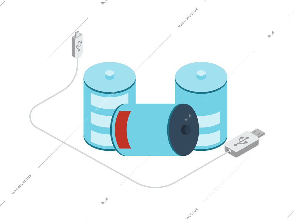 Charging isometric icon with three batteries and usb cable 3d vector illustration