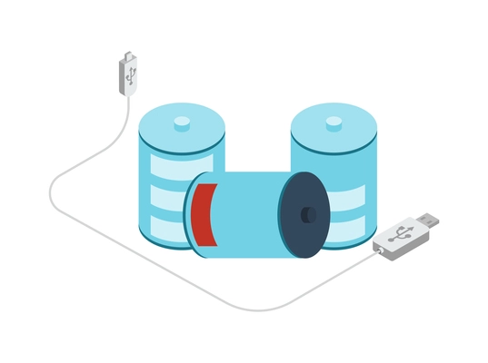 Charging isometric icon with three batteries and usb cable 3d vector illustration