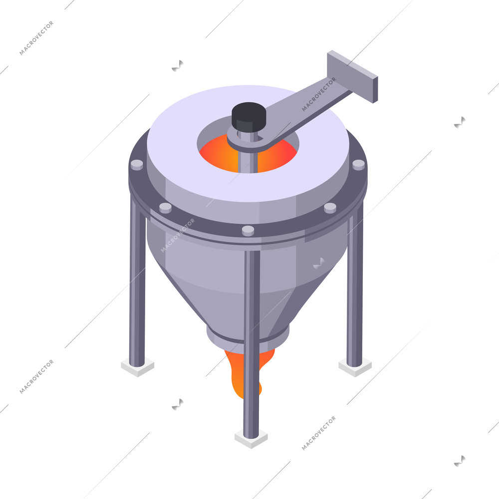 Glass production isometric icon with industrial equipment and floating molten material vector illustration