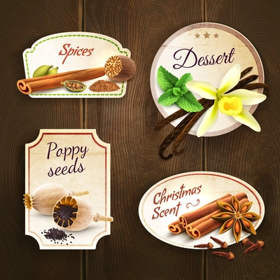 Dessert spices poppy seed christmas scent decorative elements badges set isolated on wooden background vector illustration