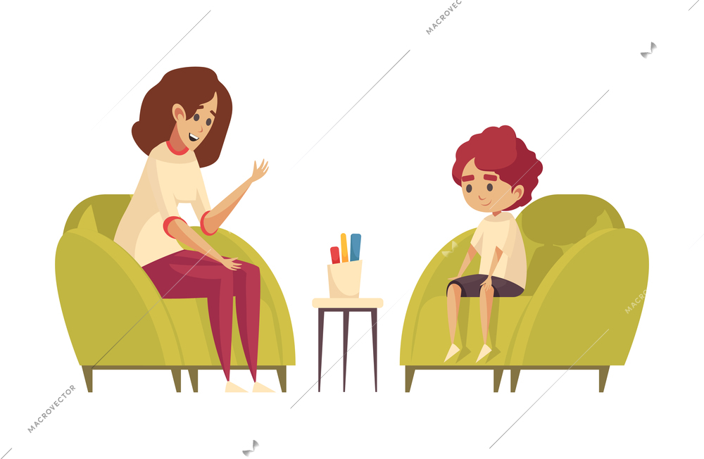 Little boy having psychological therapy session with female psychologist flat isolated vector illustration