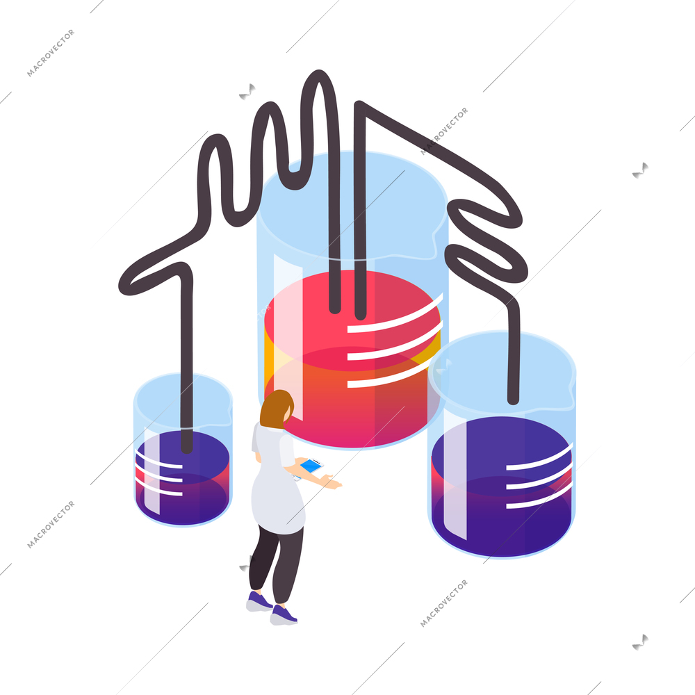 Science isometric icon with character of scientist holding smartphone and flasks with colorful reagents 3d vector illustration