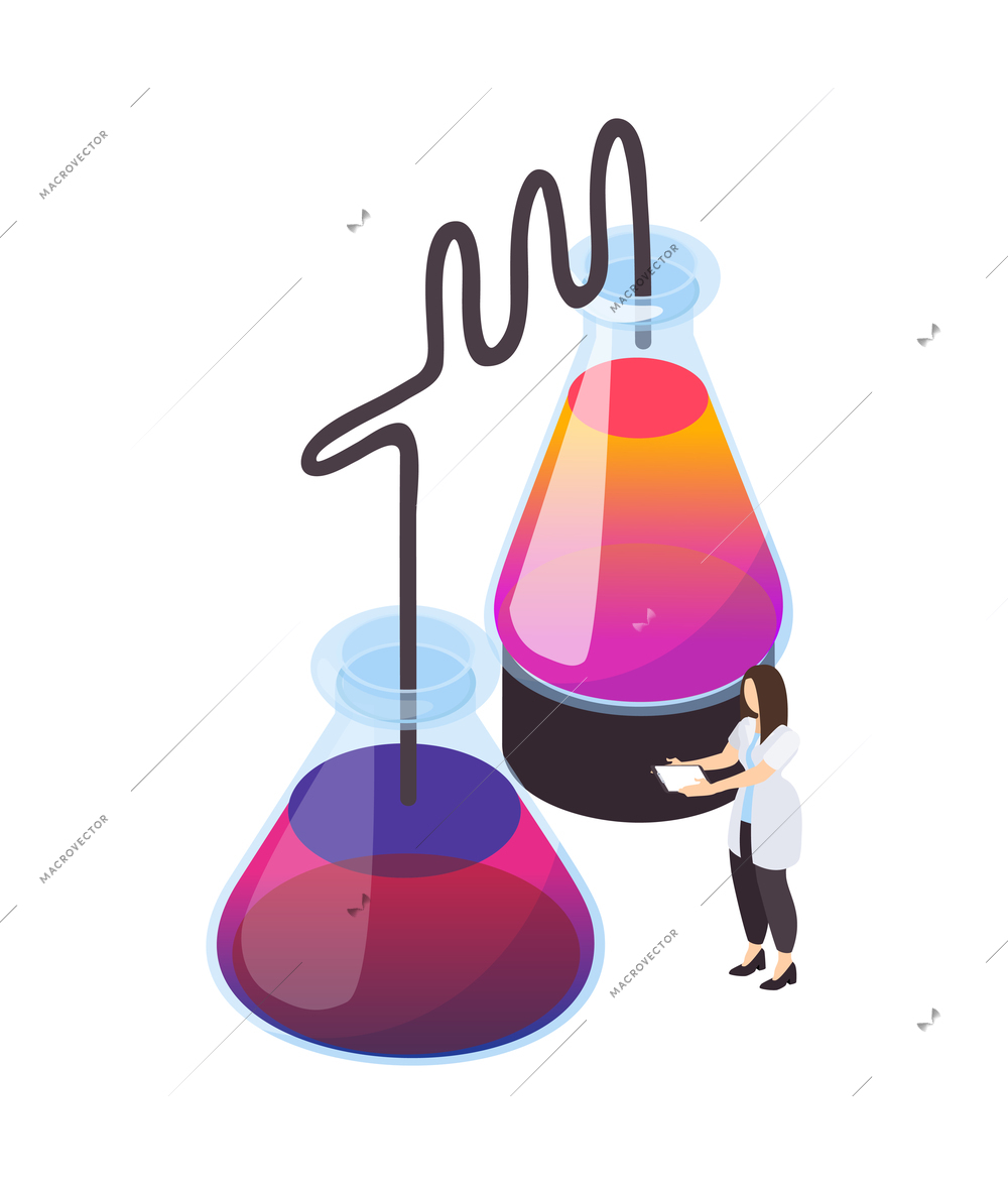 Science icon with laboratory flasks and female character 3d isometric vector illustration