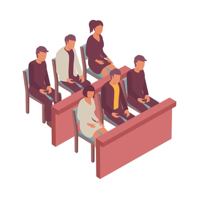 Isometric characters of jury members in courtroom 3d vector illustration