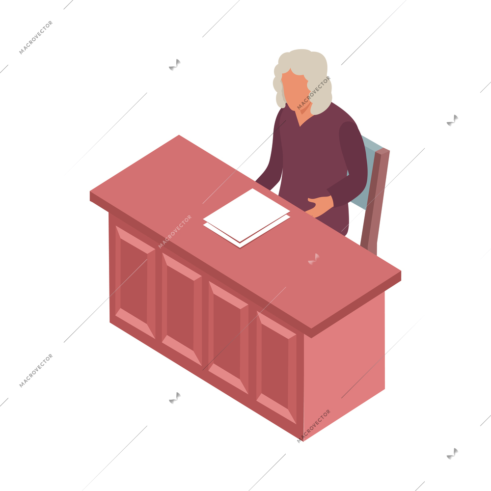 Male judge wearing wig in courtroom isometric icon vector illustration