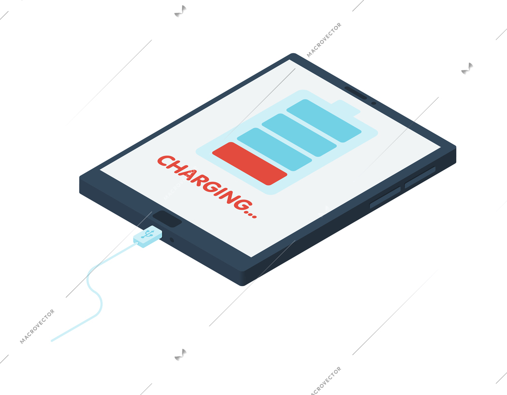 Isometric electronic tablet with low battery charging 3d vector illustration