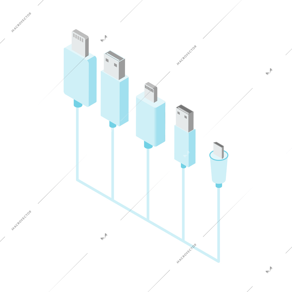 Various types of usb cable plugs on white background isometric 3d vector illustration