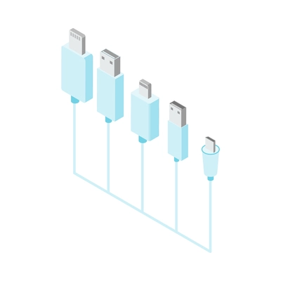 Various types of usb cable plugs on white background isometric 3d vector illustration