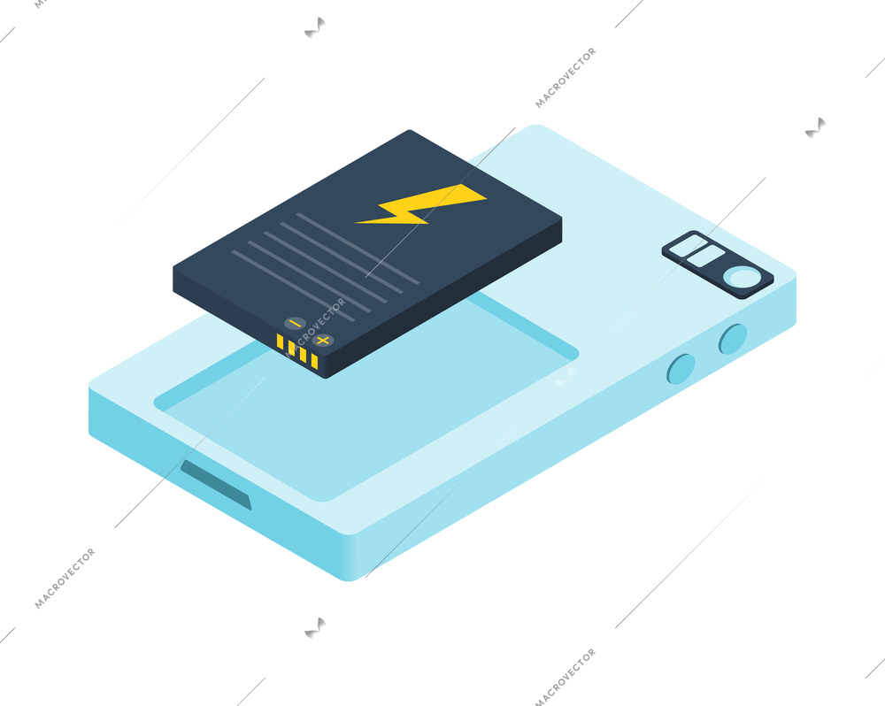 Isometric icon with smartphone and removed battery on white background 3d vector illustration