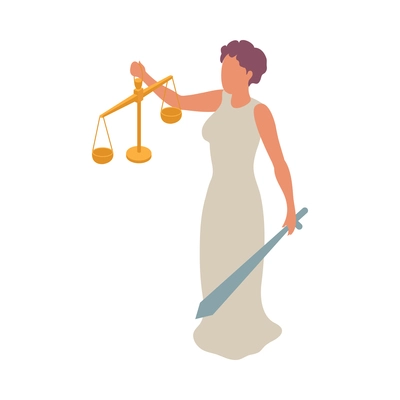 Justice isometric icon with themis character holding scales 3d vector illustration