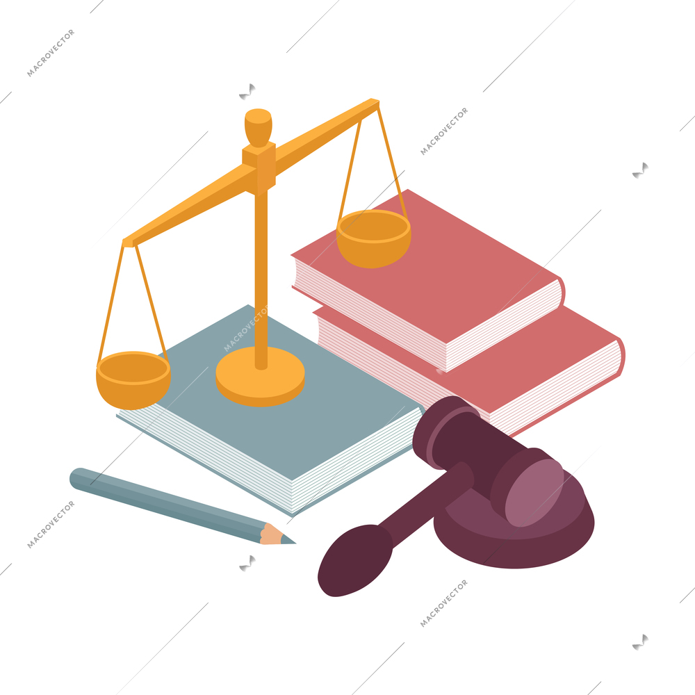 Justice isometric concept with gavel of judge scales books pencil 3d vector illustration