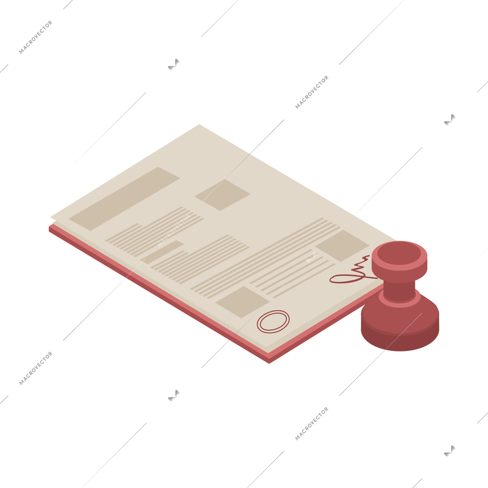 Isometric icon with signed paper document or contract and stamp 3d vector illustration