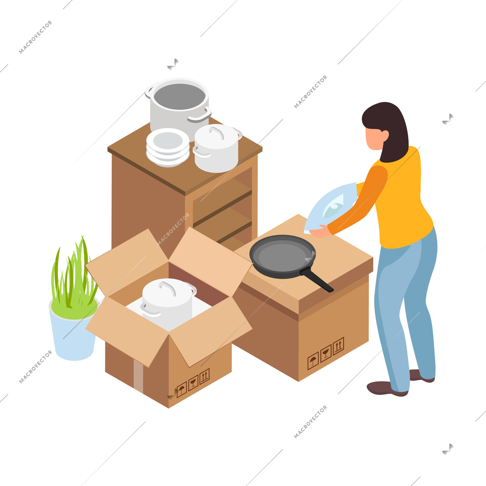 Isometric icon with woman packing utensils into cardboard boxes during relocation 3d vector illustration