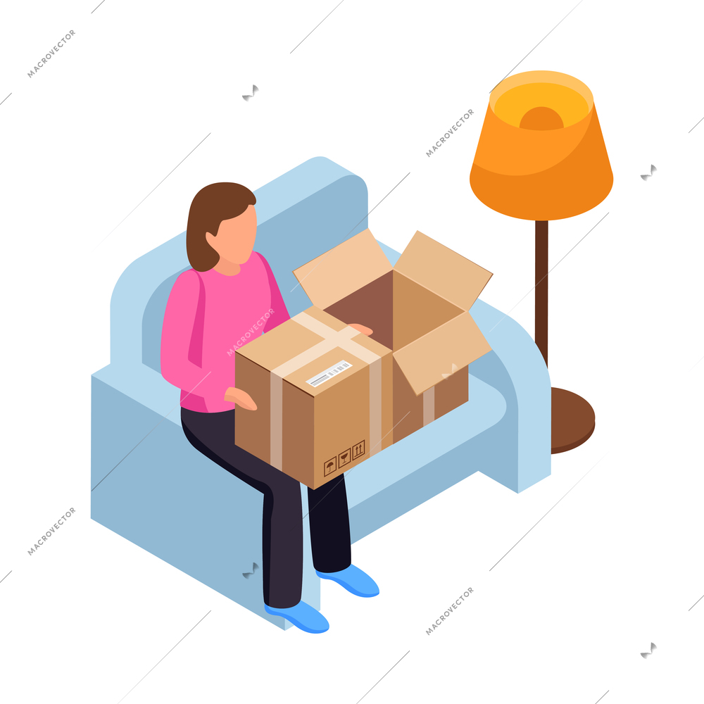 Woman sitting in armchair and packing things into cardboard boxes during relocation isometric icon vector illustration