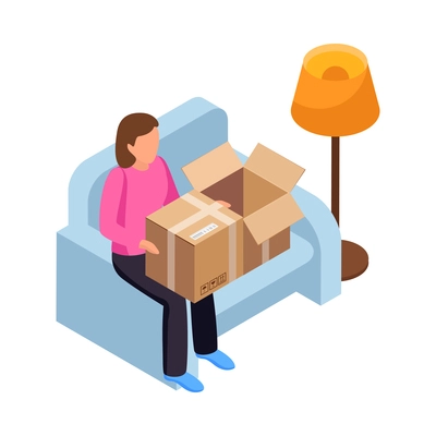 Woman sitting in armchair and packing things into cardboard boxes during relocation isometric icon vector illustration