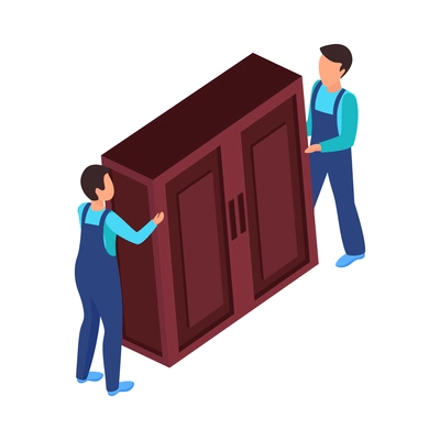 Relocation service isometric icon with two workers in uniform carrying wardrobe 3d vector illustration