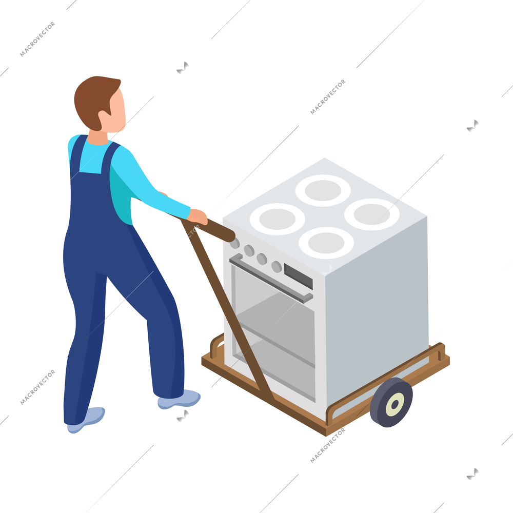 Relocation service icon with worker carrying cooker on hand pallet truck 3d isometric vector illustration