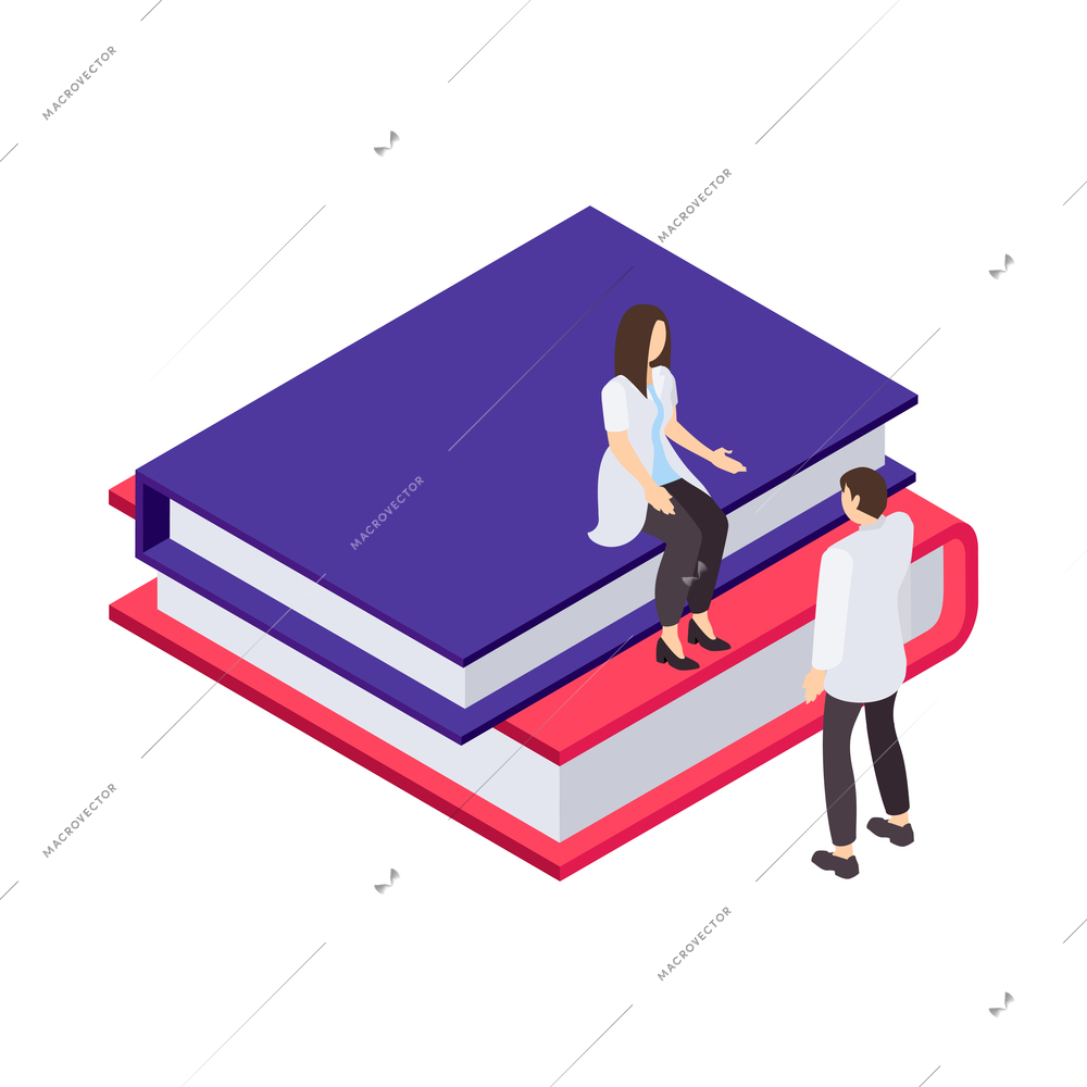 Science isometric icon with two scientists and books on white background 3d vector illustration