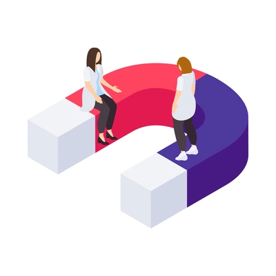 Isometric science icon with two human characters of scientists on magnet 3d isometric vector illustration