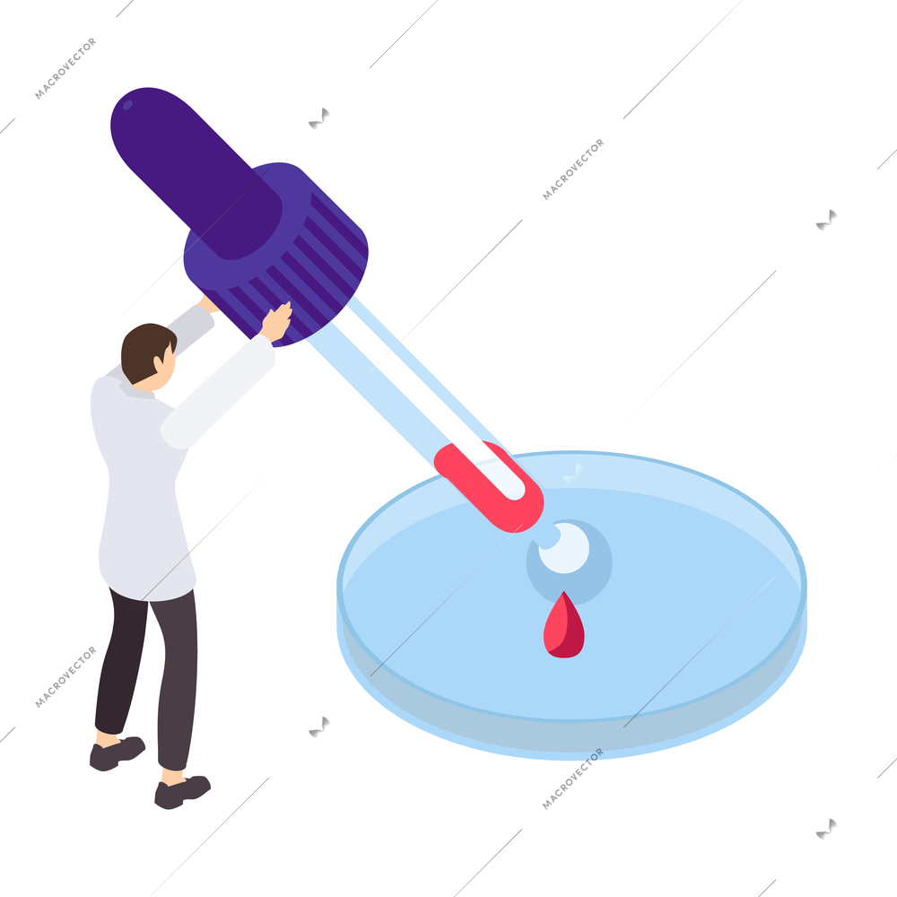 Science isometric icon with scientist peforming lab test with dropper and reagents 3d vector illustration