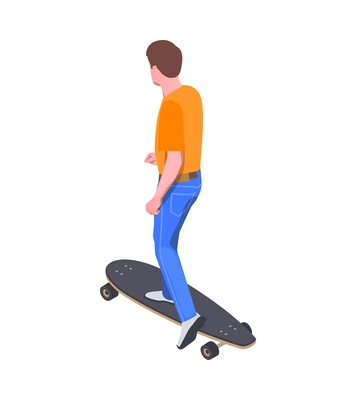 Isometric icon with back view of man riding skateboard 3d vector illustration