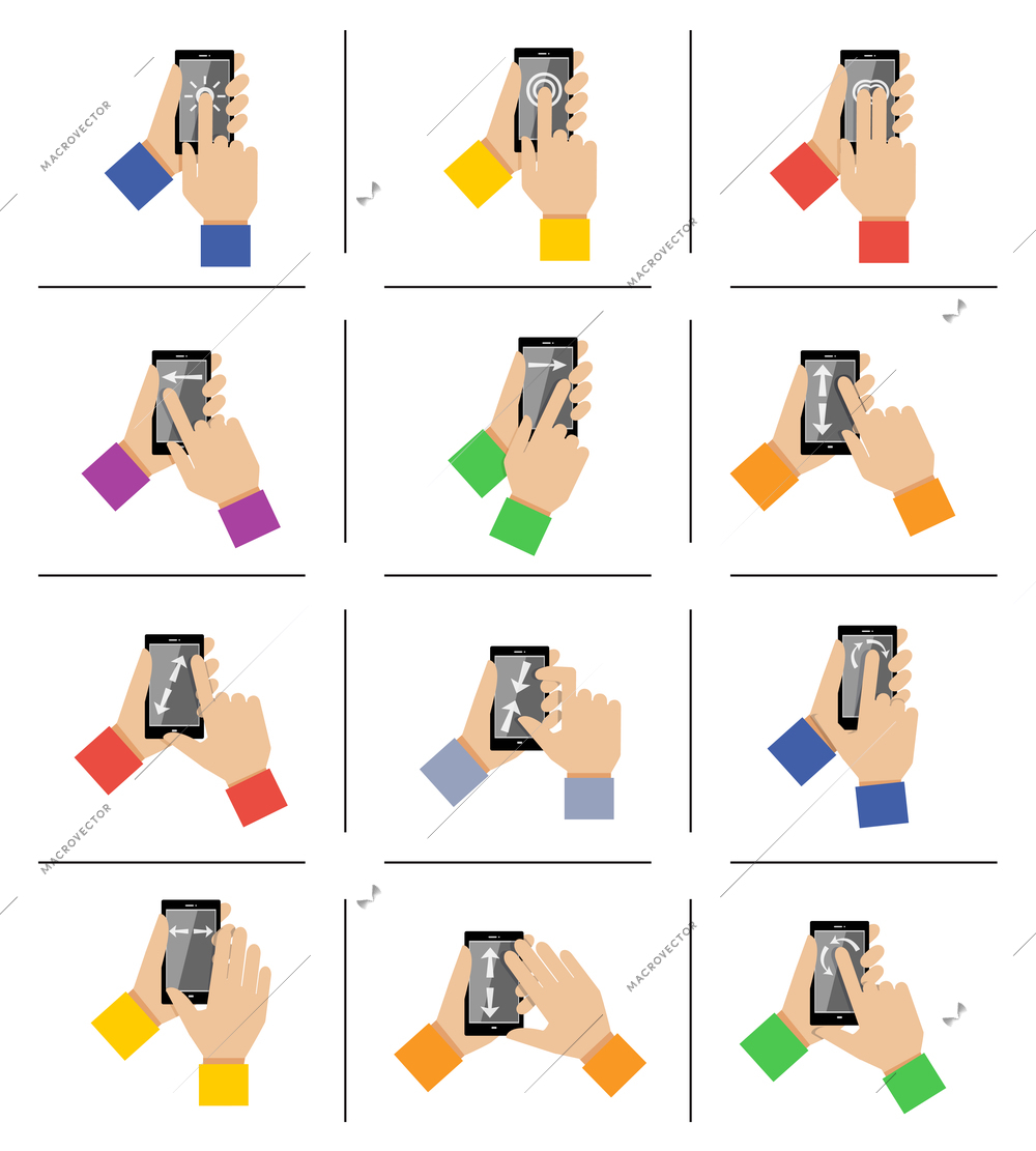 Hand holding mobile smartphone gestures icons set isolated vector illustration
