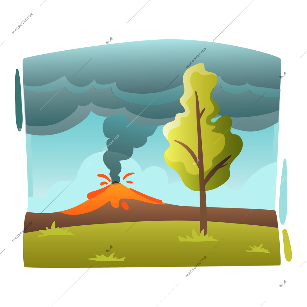 Natural disaster flat composition with volcano eruption vector illustration