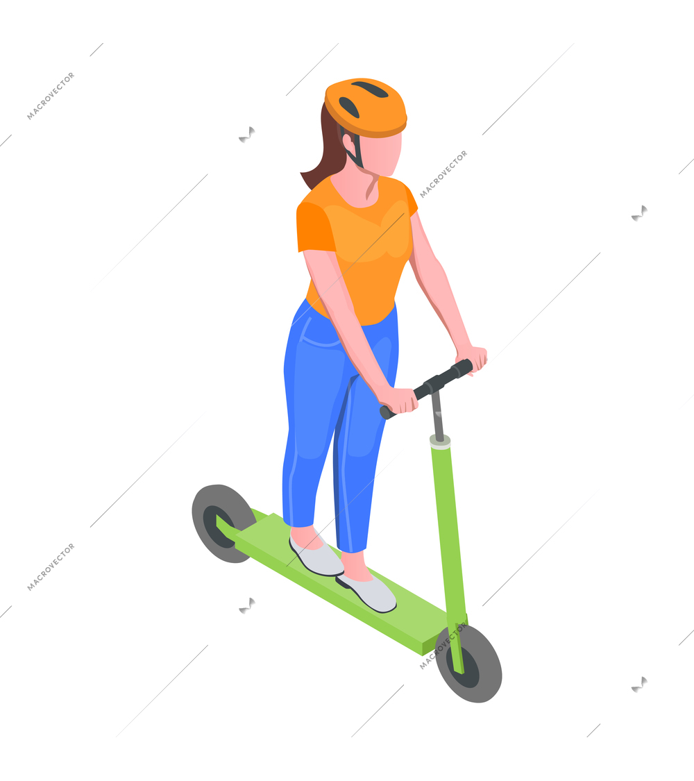 Woman riding scooter wearing helmet isometric icon 3d vector illustration