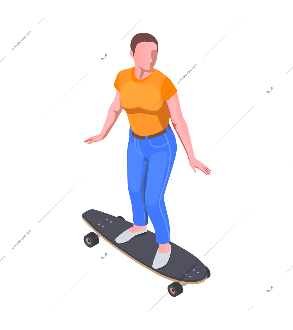 Woman riding skateboard isometric icon on white background vector illustration