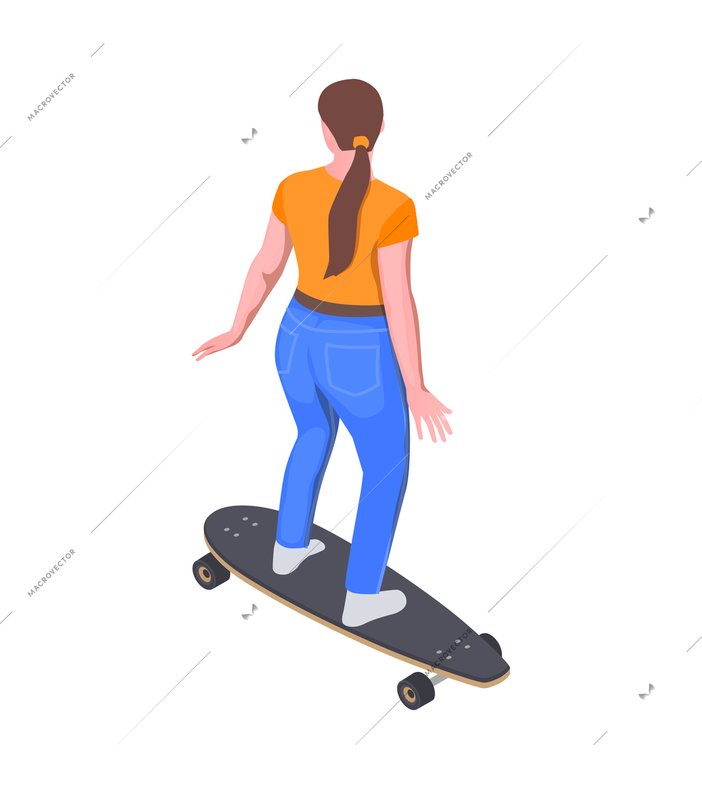 Personal transport isometric icon with woman riding skateboard back view vector illustration