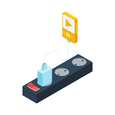 Isometric mp3 player charging from power socket 3d isometric vector illustration