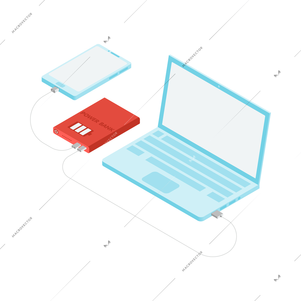 Laptop and smartphone charging with power bank 3d isometric vector illustration