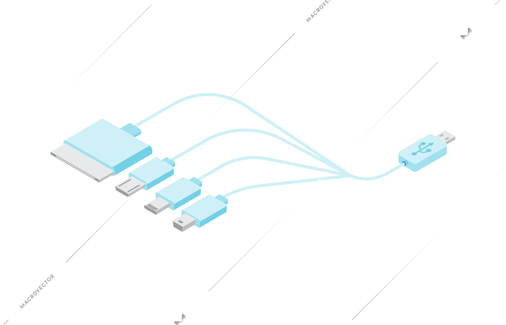 Various types of usb charging plugs on white background isometric vector illustration