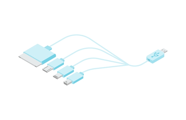 Various types of usb charging plugs on white background isometric vector illustration