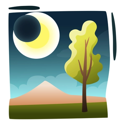 Flat composition with lunary eclipse above wild landscape vector illustration