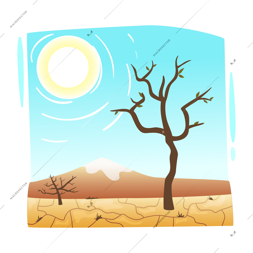 Natural disaster drought flat composition with rainless area dry tree and scalding sun vector illustration