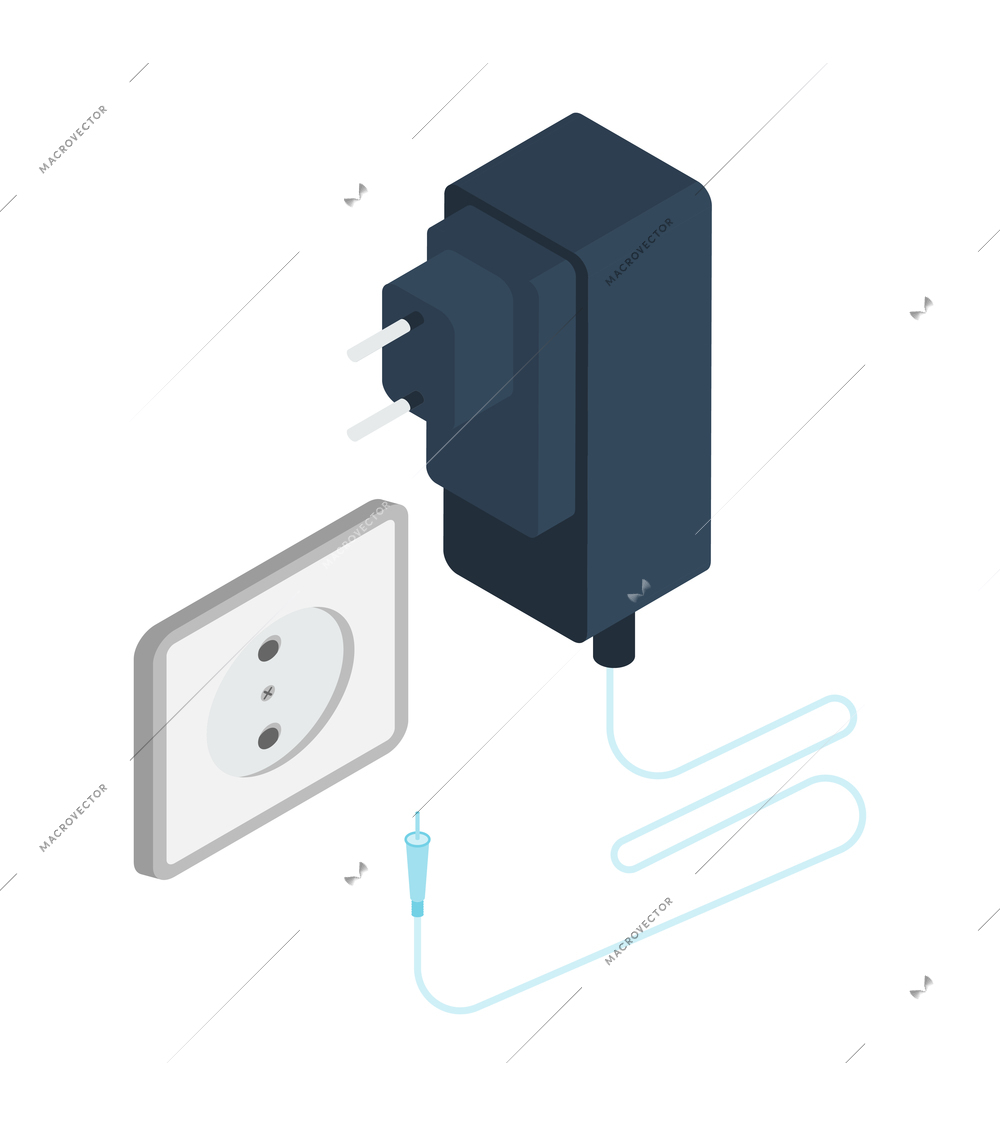 Isometric gadget charger and power socket on white background 3d vector illustration