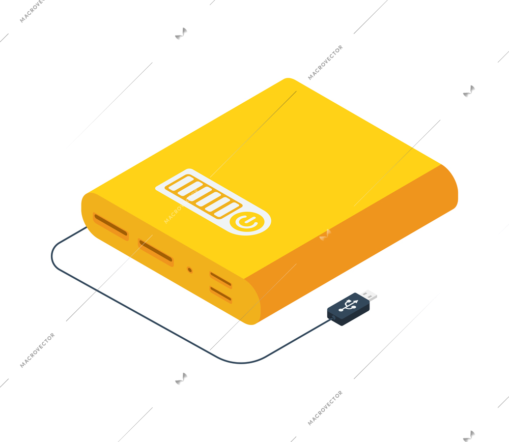 Yellow power bank and usb cable in isometric style 3d vector illustration