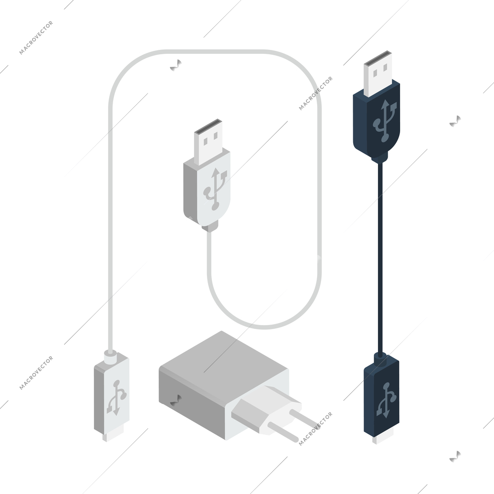 Isometric charger and two usb cables isolated on white background 3d vector illustration