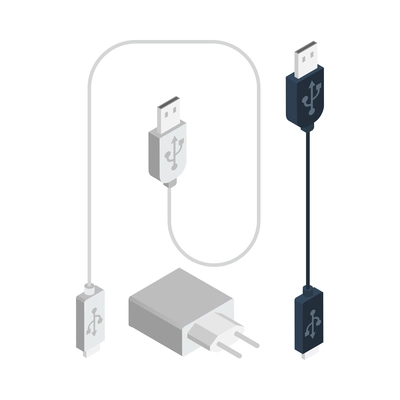 Isometric charger and two usb cables isolated on white background 3d vector illustration