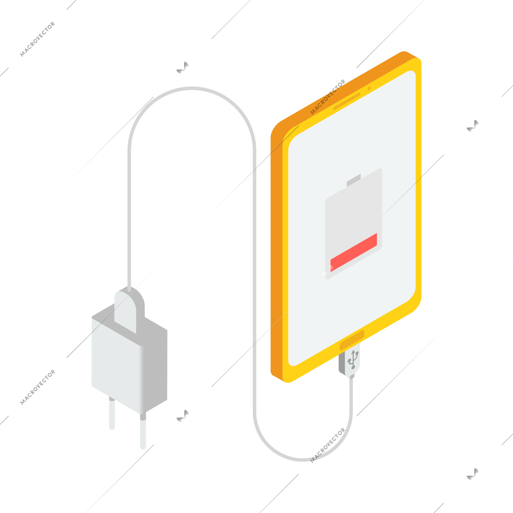 Smartphone with low battery and usb charger isometric 3d vector illustration