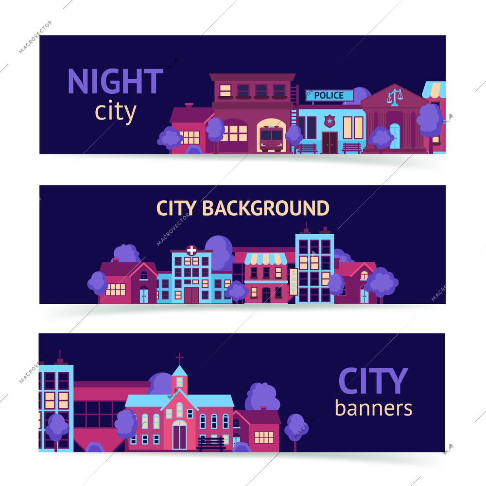 City night scape town architecture banner set horizontal isolated vector illustration