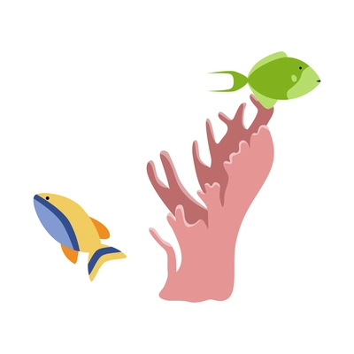 Underwater flat icon with two fishes and coral on white background isolated vector illustration