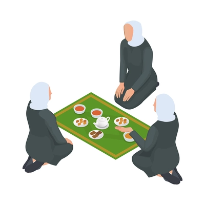 Arab women drinking tea on floor on their knees isometric icon 3d vector illustration